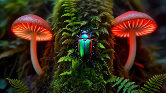 Enchanted Forest Macro: Iridescent Beetle and Bioluminescent Mushrooms