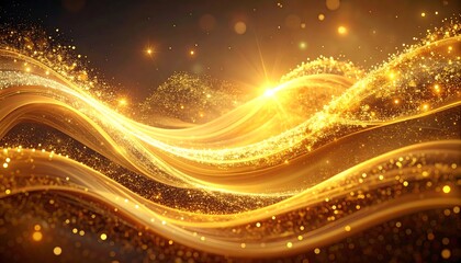 Abstract gold waves flow with sparkling particles and bright light