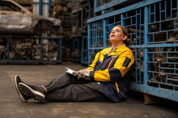 Exhausted female warehouse worker with cardboard sitting in warehouse factory under stress. Stressed woman mechanic sitting in auto workshop with serious concern