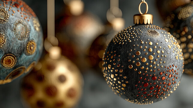 colorful christmas ornaments hanging from ceiling, brown and gray tones, soft bokeh effect, festive atmosphere,