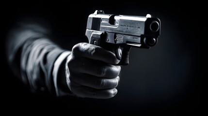 Naklejka premium Hand firmly grips firearm pointed directly toward the viewer in dark environment