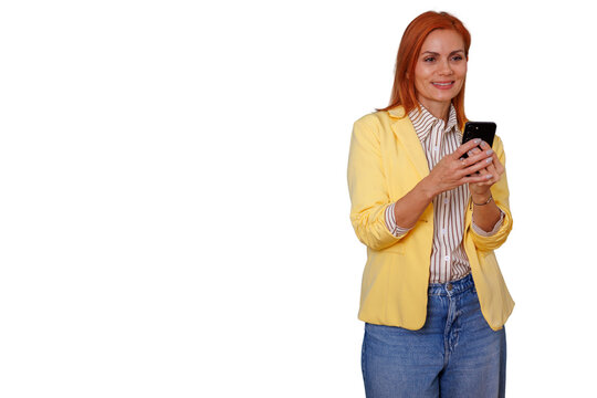 Stylish businesswoman checking messages on phone, connecting, smiling, using modern mobile technology, transparent background