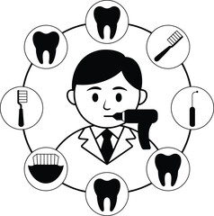 Cartoon dentist illustration with tools for oral health care and hygiene