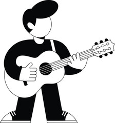 Cartoon man playing acoustic guitar monochrome illustration vector graphic