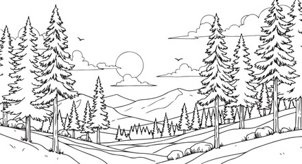 Hand-drawn Forest Landscape with Pine Trees, Mountains, and Sunrise