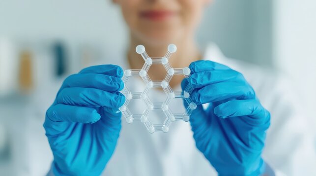 Scientist Holding Transparent Molecular Model in Laboratory Environment with Blue Gloves and Blurred Background Emphasizing Research and Innovation
