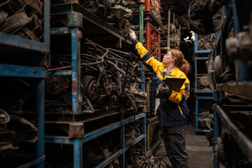 Female warehouse worker with cardboard checking secondhand automotive car spare parts on shelves in warehouse at used car part shop.