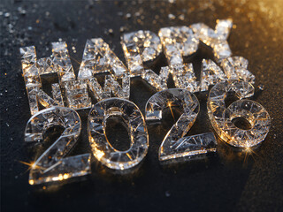 Luxurious 3D render of &ldquo;Happy New Year 2026&rdquo; crafted from crystal-like glass with dazzling reflections and golden light highlights on a dark textured background. 