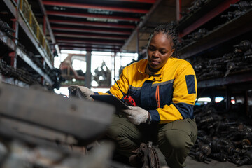 African American female warehouse worker with tablet checking secondhand automotive car spare parts on shelves in warehouse at used car part shop.