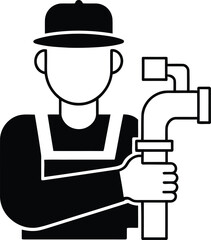 Plumber avatar holding pipe fitting in black and white illustration