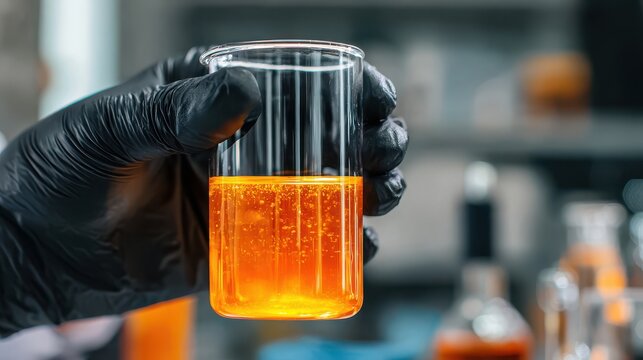 Laboratory hand holding a glass beaker containing bright orange liquid with bubbles illustrating a scientific research and experimentation concept in a lab setting
