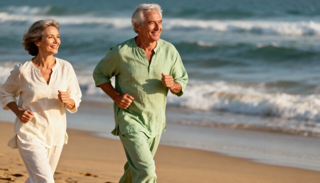 Active senior couple jogging on the beach together. Happy mature man and woman exercising outdoors. Healthy retirement lifestyle and fitness concept