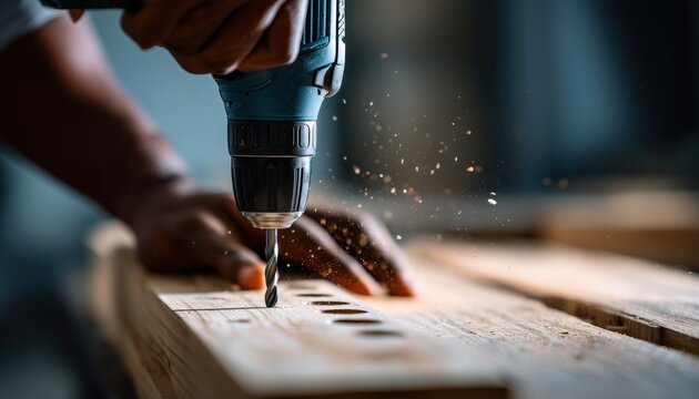 Demonstrating Woodworking Skills: Using A Power Drill To Create Accurate Holes In A Wooden Plank. Learn Techniques From The Expert!