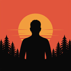 Silhouette of a Man Contemplating Nature and the Beauty of Sunset