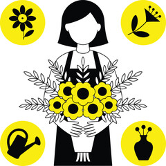 Woman holding a bouquet of yellow flowers in a stylized vector illustration