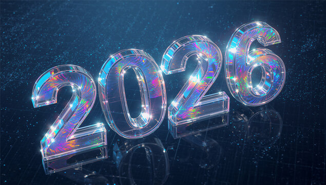 Vibrant 3D glass-like numbers forming 2026 with holographic rainbow reflections and glowing light effects on a digital grid surface against a dark blue futuristic background