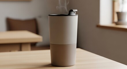 Close-up of a steaming, two-toned modern travel mug in beige and brown, sitting on a wooden table in a warm, naturally lit interior setting.
