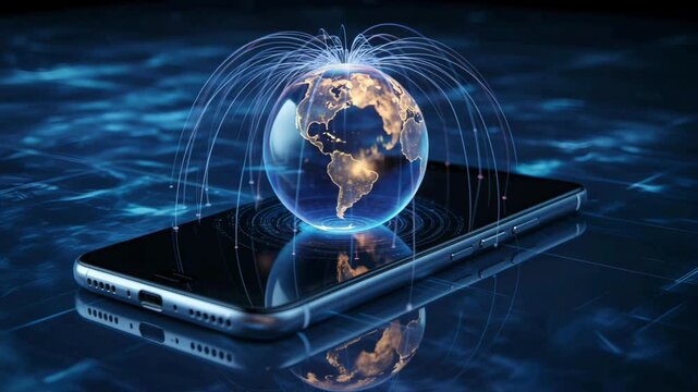 Holographic globe of earth floating above a smartphone on a futuristic digital background - Powered by Adobe