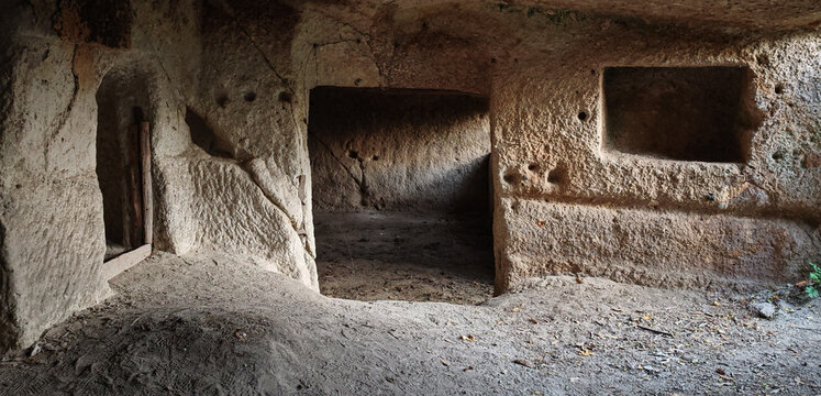 Interior of an ancient cave dwelling carved into volcanic tuff near Cser&eacute;pv&aacute;r, B&uuml;kk National Park, Hungary. These unique homes were once inhabited by local villagers.