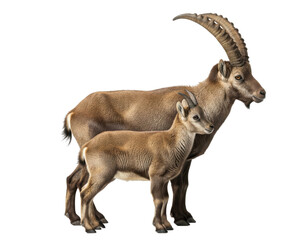 Adult Alpine Ibex and Young Kid Side Profile Standing Together On Black Background