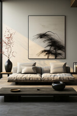 Minimalist living room with a low wooden sofa, soft cushions, abstract wall art, and gentle sunlight creating a calm zen-inspired atmosphere.