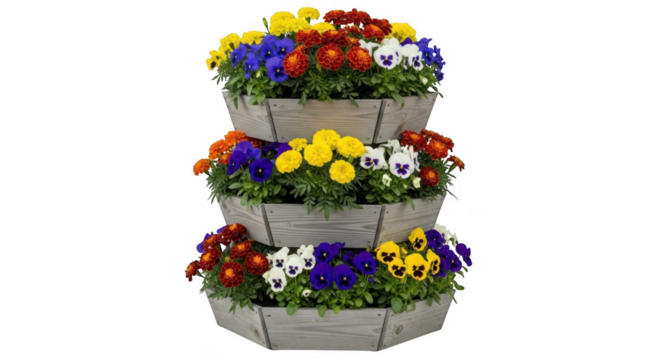 Vibrant stacked planter filled with colorful pansy flowers isolated on transparent background