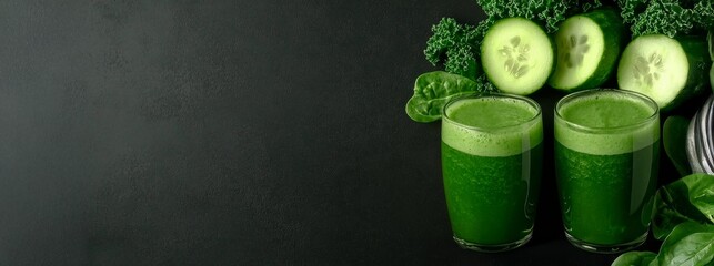 Refreshing green smoothie made with spinach, kale, and cucumber on a dark background