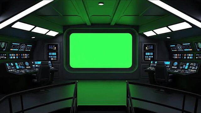 Futuristic spaceship bridge green screen command center with holographic displays and control