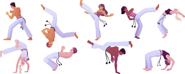 People doing capoeira exercise, Brazilian Capoeira dance and fight sport, Martial art vector illustrations set isolated