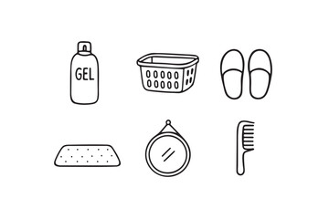 Line art collection bathroom doodle illustrations icon on white background.