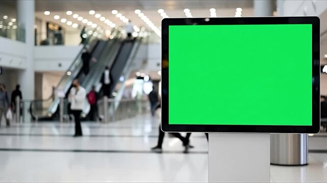 Green screen display screen in busy shopping mall with people walking past escalators and shops