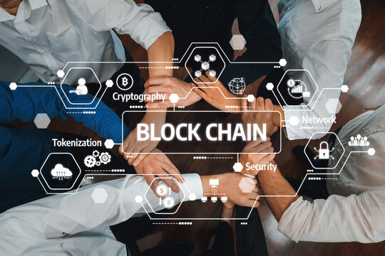 This image features diverse hands joining together around blockchain technology icons, symbolizing teamwork in security, network, and digital innovation. Amity - Powered by Adobe