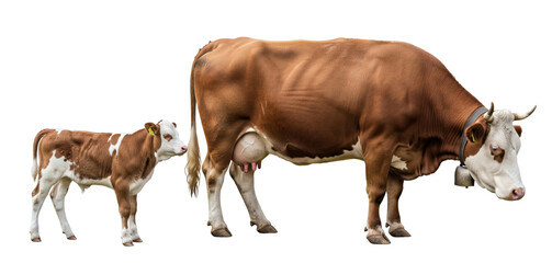 Brown and White Cow and Calf Standing Together Isolated on Black Background Natural Livestock Side View Portrait
