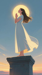 A standing woman is praying.