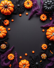 Fototapeta premium Halloween decor featuring vibrant pumpkins, spooky spiders, and colorful candy on a dark background for festive celebrations