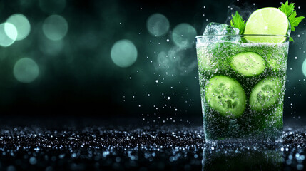 Refreshing cucumber lime drink served with ice in a dazzling green background
