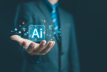 Businessman holding virtual AI chip with digital technology icons, representing artificial intelligence innovation, data analysis, and futuristic business solutions concept.