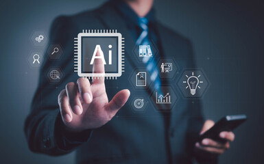 Businessman touching virtual AI icon with digital technology interface, representing artificial intelligence innovation, data analytics, and smart business transformation concept.