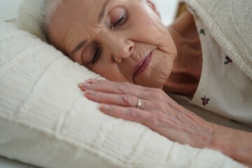 Elderly woman peacefully sleeping on a soft pillow, showcasing tranquility