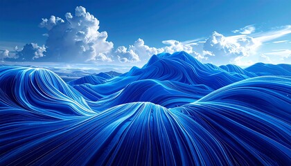 Abstract landscape of blue flowing lines under a bright sky