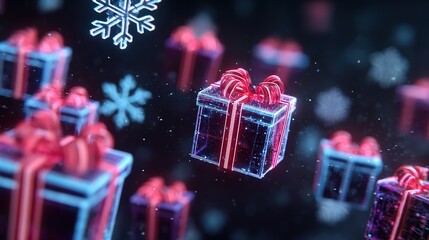A transparent gift box with red spiral bow and glowing edges, accompanied by out-of-focus boxes and a large blue snowflake on a dark background.