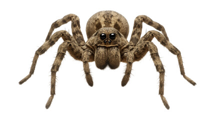 Mottled brown and gray wolf spider featuring two distinct front eyes.