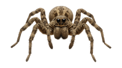 Mottled brown and gray wolf spider featuring two distinct front eyes.