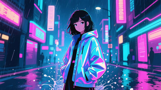 A girl wearing a coat stood in the rain