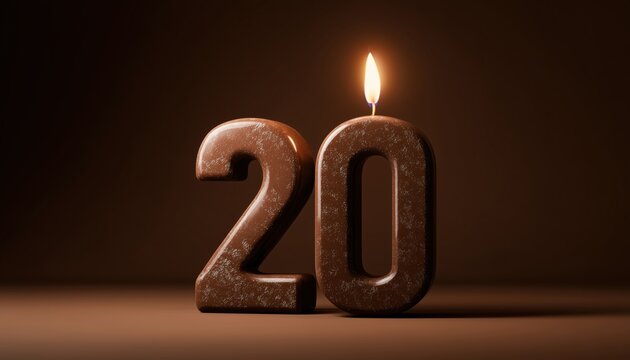 Delicious Chocolate Birthday Cake Shaped Like Number 20 With A Lit Candle On Top. Perfect Dessert For Celebrating Milestone Birthdays.