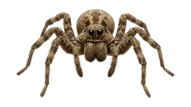 Mottled brown and gray wolf spider featuring two distinct front eyes.