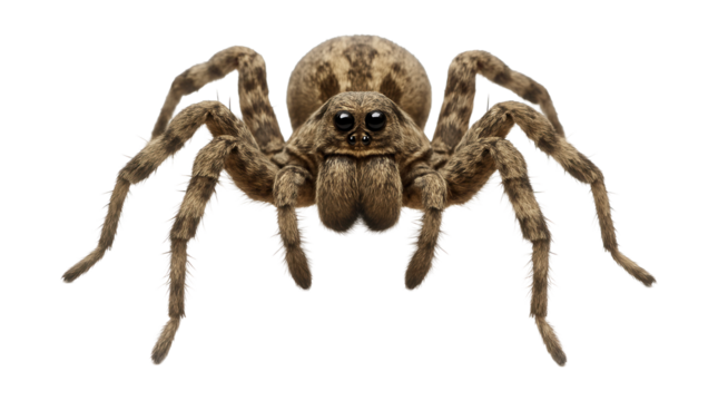 Mottled brown and gray wolf spider featuring two distinct front eyes.