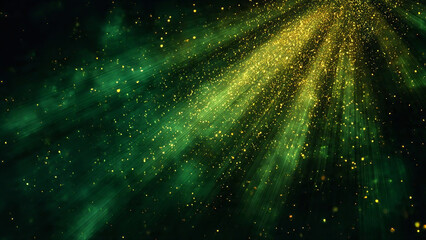 Asymmetric green light burst, abstract beautiful rays of lights on dark green background with the color of green and yellow, golden green sparkling backdrop with copy space