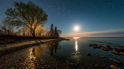 Serene Night Scene with Moonlight Reflecting on Calm Water