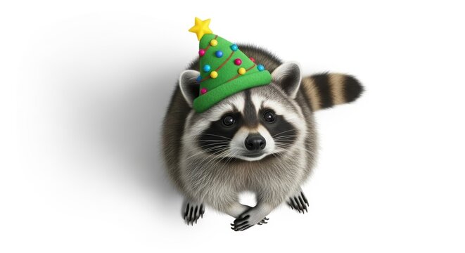 raccoon wearing a Christmas tree hat, holiday animal graphic, on a white background